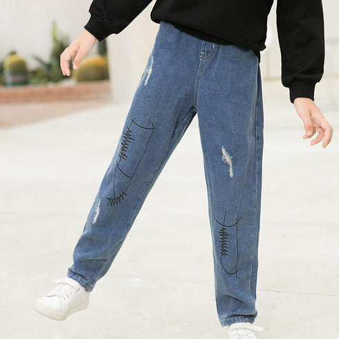 Spring And Autumn Children's Printed Broken Jeans